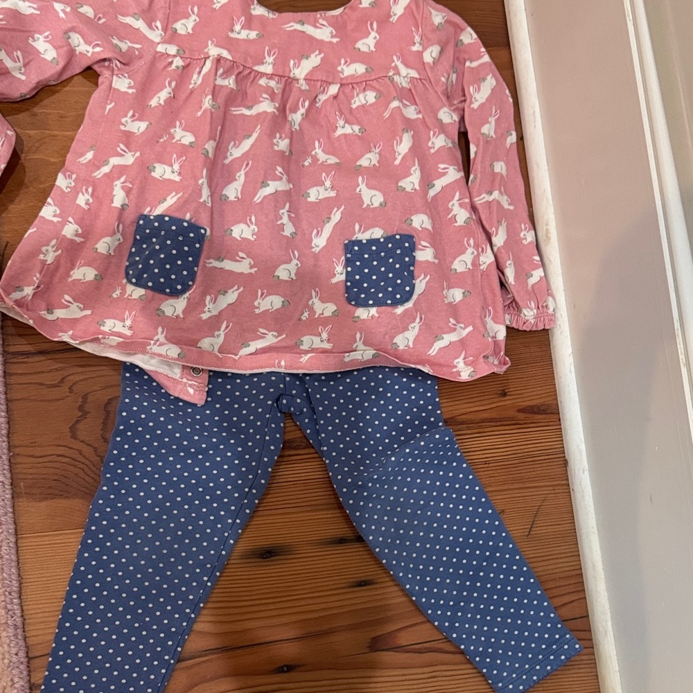 Baby Boden Pink Bunny Print Top and Blue Polka Dot Leggings